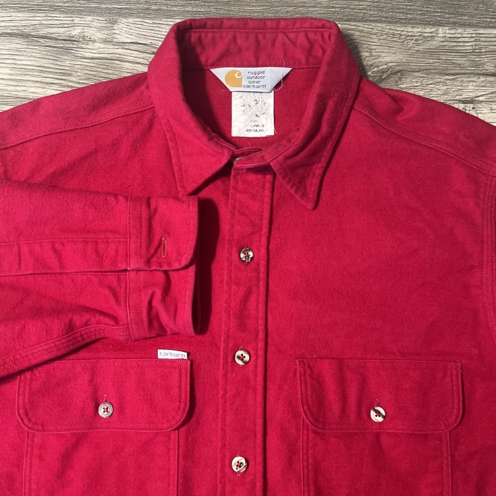 Vintage USA Made Carhartt Chamois Heavyweight Red Button Up Flannel Shirt Sz XL